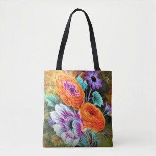 Dahlia and daisy flower garden floral tote bag