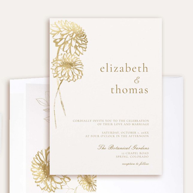 Dahlia Art Sketch Faux Gold Modern Fall Wedding Invitation (elegant fall wedding invitation dahlia faux gold gilded  floral sketch modern formal casual stylish)