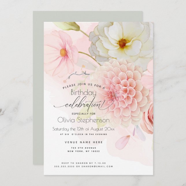 Dahlia Birthday for Her Pastel Pink Floral Invitat Invitation (Front/Back)