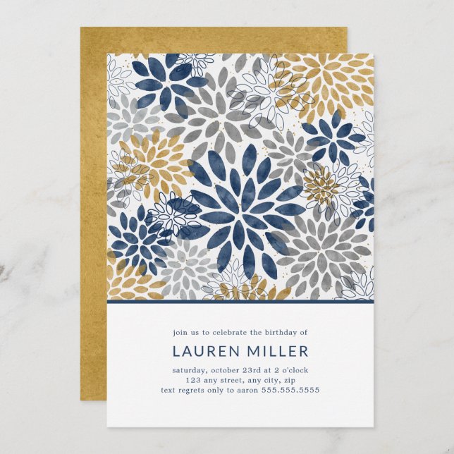 Dahlia Blooms birthday party invitation (Front/Back)