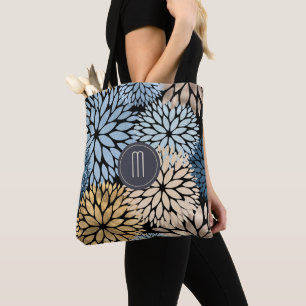 Dahlia Blue Gold Floral Monogram Tote Bag