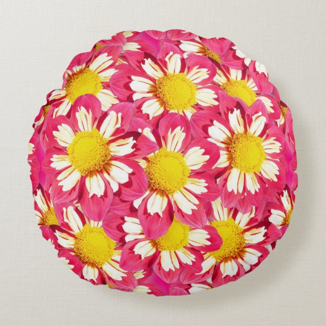 Dahlia bouquet - coral and white with yellow round cushion (Front)