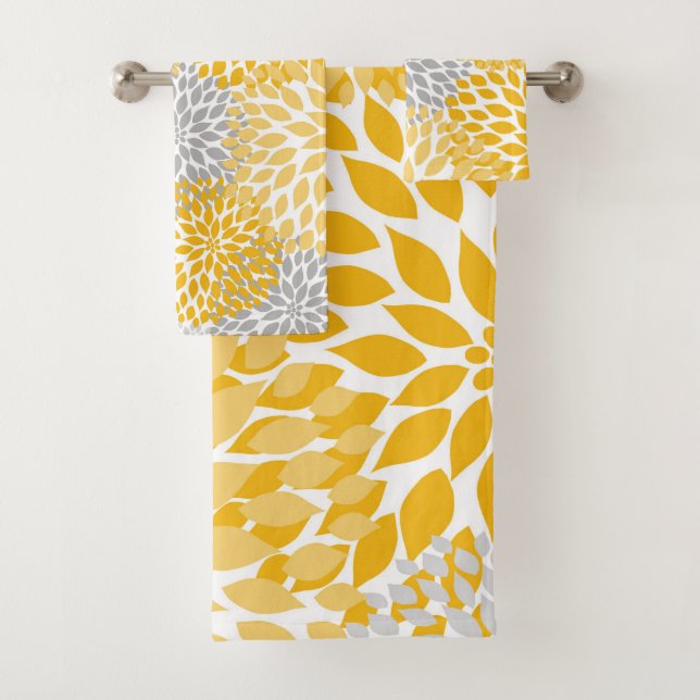 Dahlia Bouquet - mustard yellow grey Bath Towel Set (Insitu)