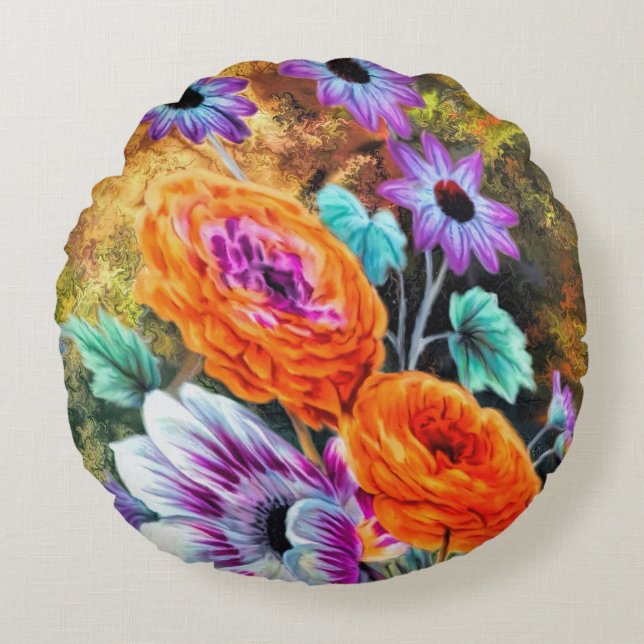 Dahlia daisy flower garden floral gold purple peac round cushion (Front)