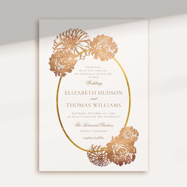 Dahlia Floral Art Sketch Copper Gold Fall Wedding Invitation (elegant fall wedding invitation dahlia faux gold gilded copper floral frame art sketch modern)