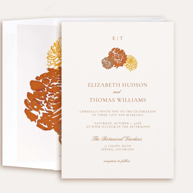 Dahlia Floral Art Sketch Formal Bold Fall Wedding Invitation (elegant fall wedding invitation dahlia earth bright terracotta burnt orange floral sketch formal)