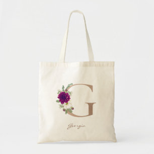 Dahlia floral bouquet rose gold monogram letter G Tote Bag