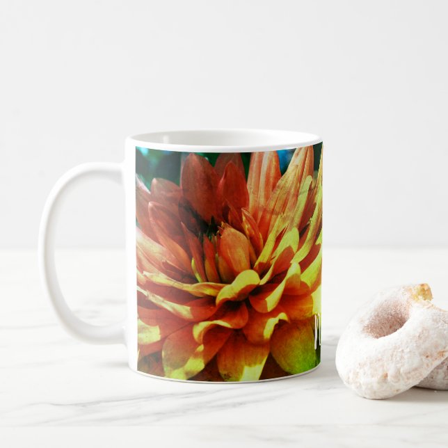 Dahlia Flower Art Personalised Coffee Mug (With Donut)