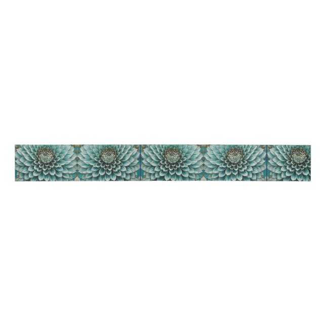 Dahlia Flower in Teal Aqua Blue Digital Art Grosgrain Ribbon (Front)