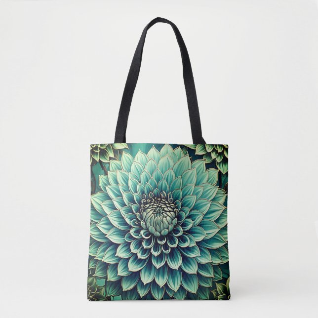 Dahlia Flower in Teal Aqua Blue Digital Art Tote Bag (Front)