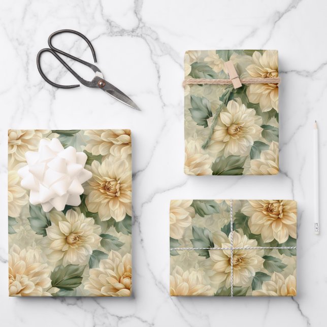 Dahlia Flower Pattern with Greenery Decoupage Wrapping Paper Sheet (Front)