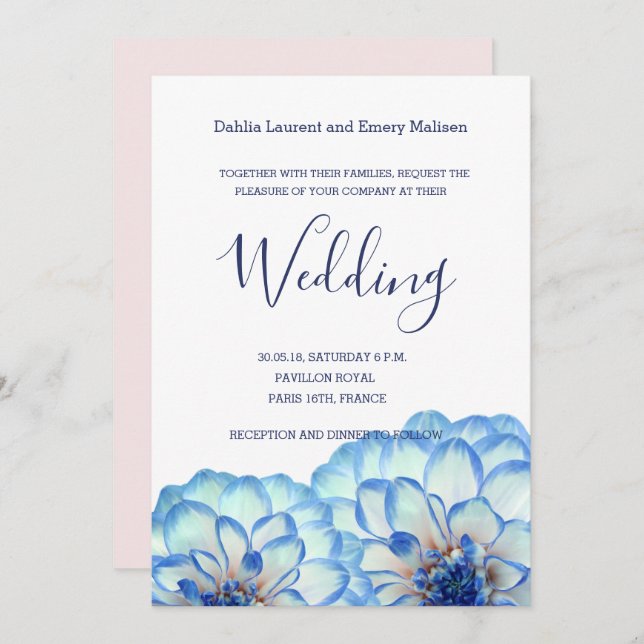 Dahlia flowers blue white blush pink wedding invitation (Front/Back)