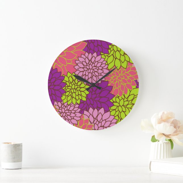 Dahlia Flowers, Colourful Flowers, Floral Pattern Large Clock (Home)