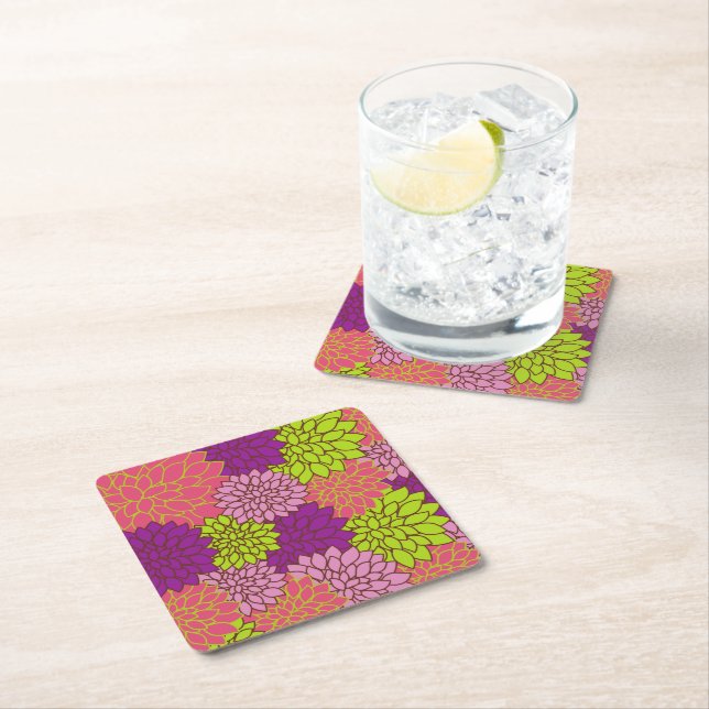 Dahlia Flowers, Colourful Flowers, Floral Pattern Square Paper Coaster (Insitu)