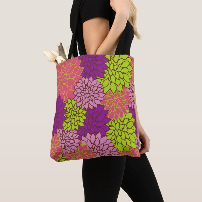 Dahlia Flowers, Colourful Flowers, Floral Pattern Tote Bag (Close Up)