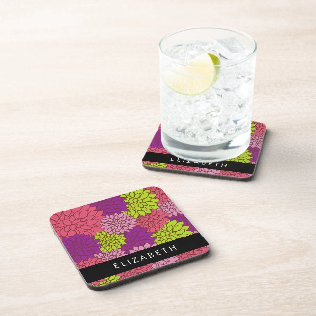 Dahlia Flowers, Colourful Flowers, Your Name Coaster (Right Side)