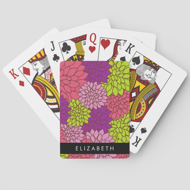 Dahlia Flowers, Colourful Flowers, Your Name Playing Cards (Back)