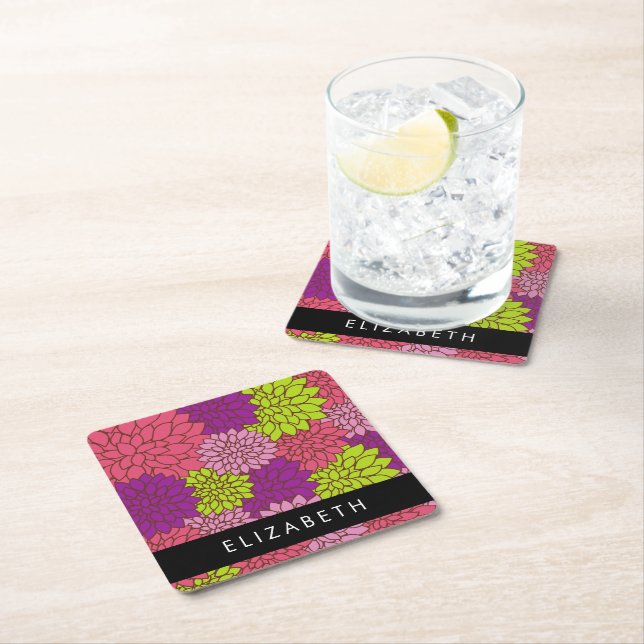 Dahlia Flowers, Colourful Flowers, Your Name Square Paper Coaster (Insitu)