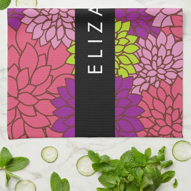 Dahlia Flowers, Colourful Flowers, Your Name Tea Towel (Folded)