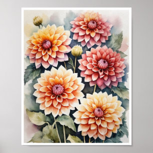 Dahlia Flowers handmade Water Colour Poster Art