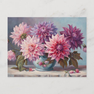 Dahlia Flowers in a Vase Still Life Illustration  Postcard