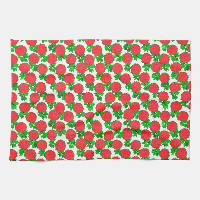 Dahlia flowers in deep red tea towel (Horizontal)