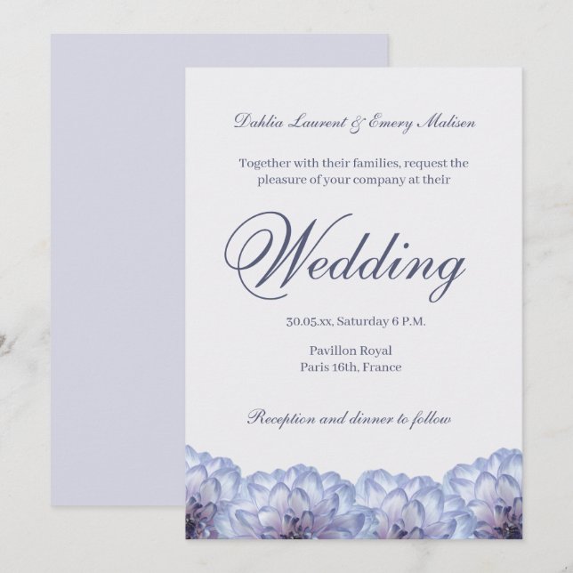 Dahlia Flowers Lilac Blue Elegant Floral Wedding Invitation (Front/Back)