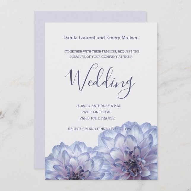 Dahlia flowers lilac blue grey wedding invitation (Front/Back)