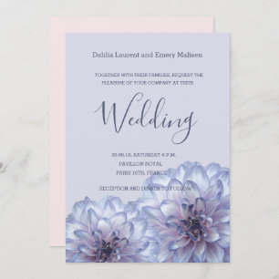 Dahlia flowers lilac blue pink wedding invitation
