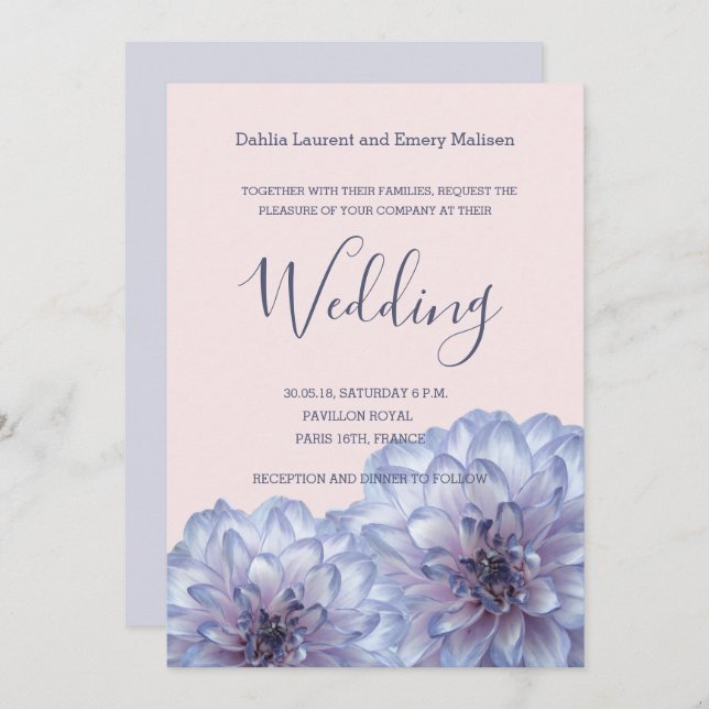 Dahlia flowers lilac blue pink wedding invitation (Front/Back)