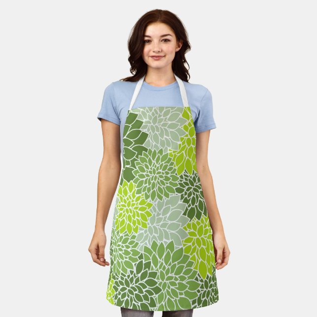 Dahlia Flowers, Pattern Of Flowers, Green Dahlia Apron (Worn)
