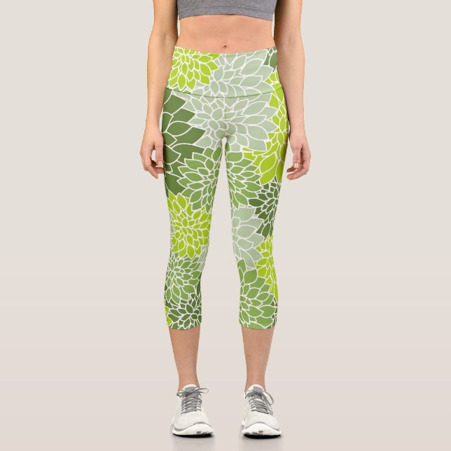 Dahlia Flowers, Pattern Of Flowers, Green Dahlia Capri Leggings (Front)