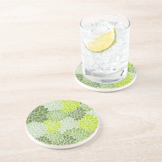 Dahlia Flowers, Pattern Of Flowers, Green Dahlia Coaster (Side)