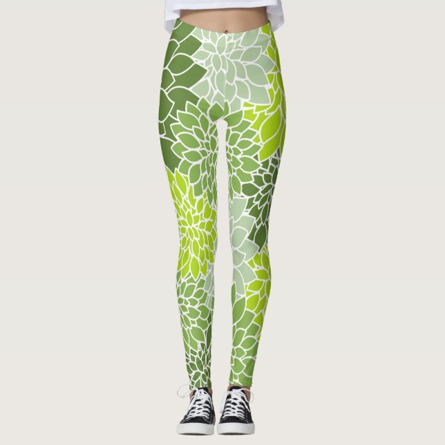 Dahlia Flowers, Pattern Of Flowers, Green Dahlia Leggings (Front)