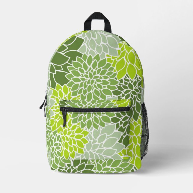 Dahlia Flowers, Pattern Of Flowers, Green Dahlia Printed Backpack (Front)