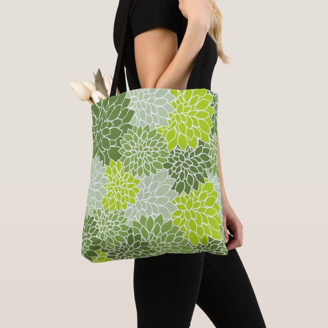 Dahlia Flowers, Pattern Of Flowers, Green Dahlia Tote Bag (Close Up)