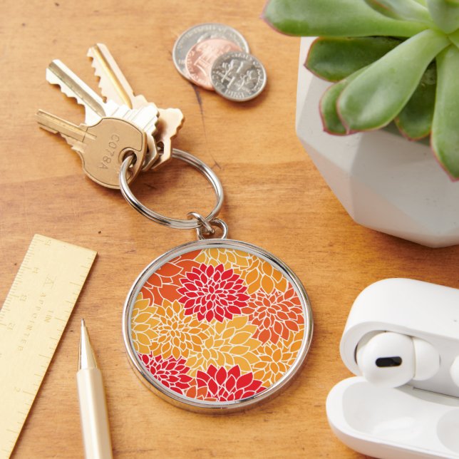 Dahlia Flowers, Pattern Of Flowers, Orange Dahlia Key Ring (Desk)