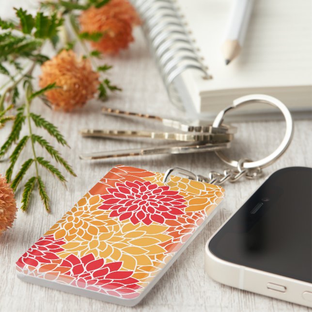 Dahlia Flowers, Pattern Of Flowers, Orange Dahlia Key Ring (Front Right)