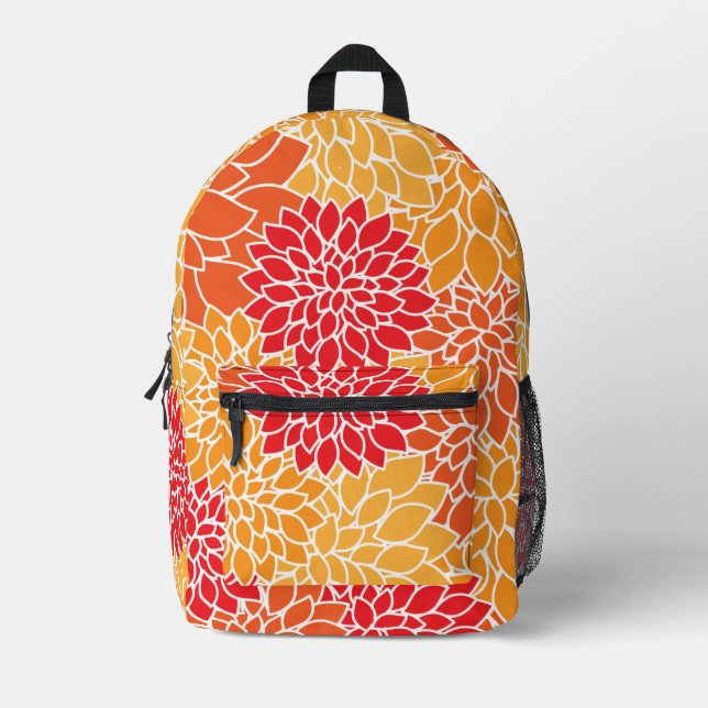 Dahlia Flowers, Pattern Of Flowers, Orange Dahlia Printed Backpack (Front)