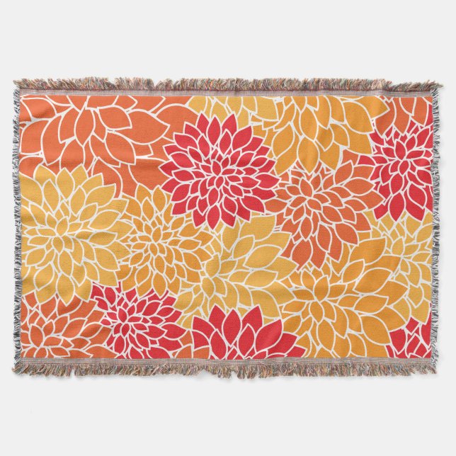 Dahlia Flowers, Pattern Of Flowers, Orange Dahlia Throw Blanket (Front)