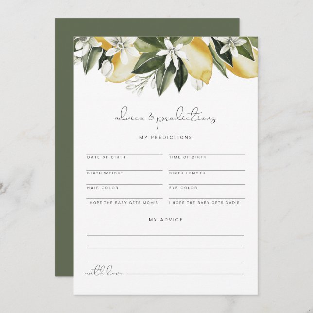 DAHLIA Lemon Baby Advice and Predictions Card (Front/Back)