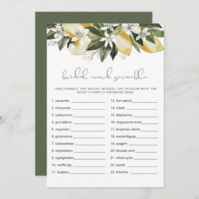 DAHLIA Lemon Bridal Shower Word Scramble Game Invitation (Front/Back)