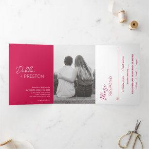 Dahlia Magenta Contemporary Modern Wedding Tri-Fold Invitation
