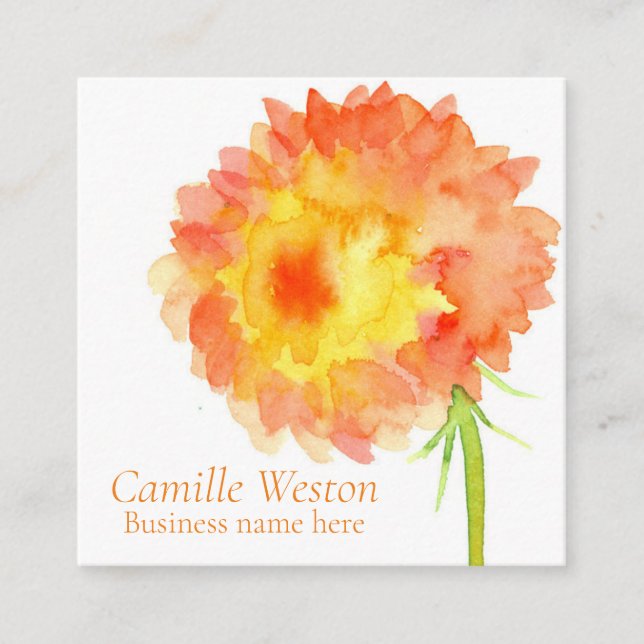 Dahlia Orange Watercolor Flower Square Business Card (Front)