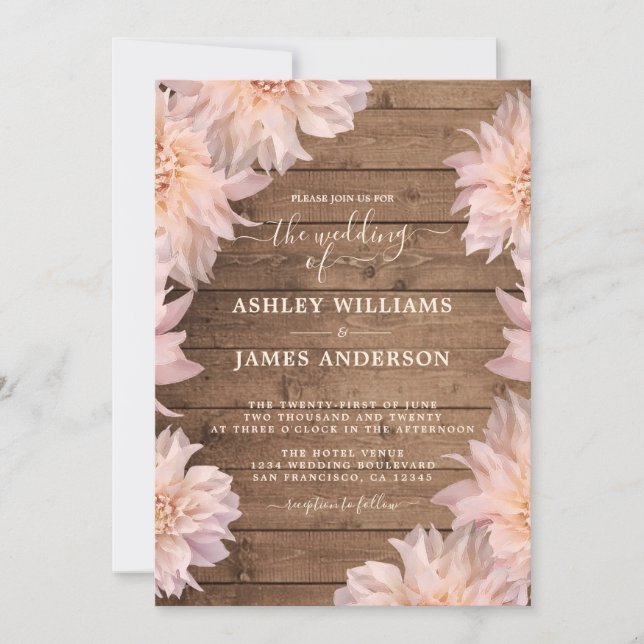 Dahlia Pink Floral Rustic Wood Wedding Invitation (Front)
