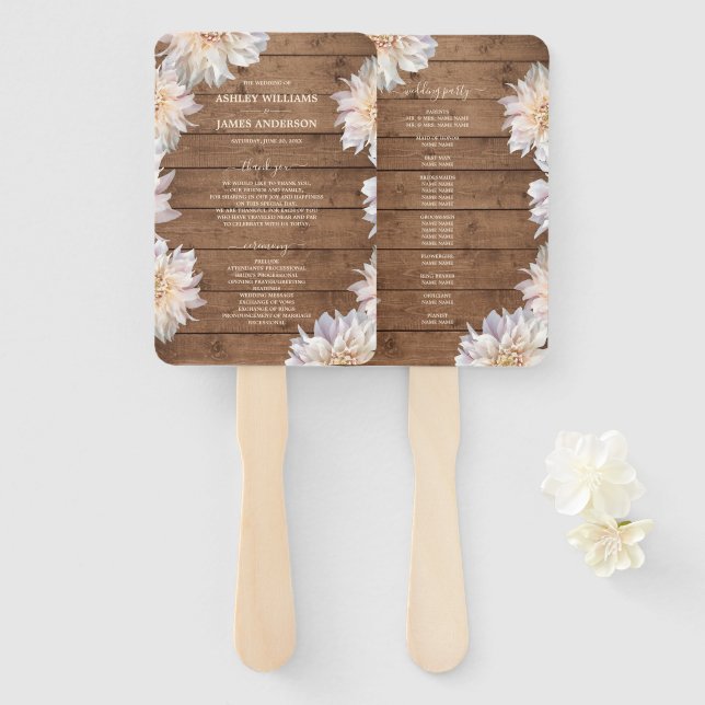 Dahlia Pink Floral Rustic Wood Wedding Program Hand Fan (Front and Back)