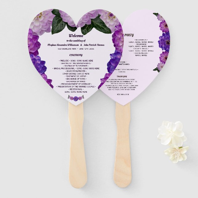 Dahlia Purple Lavender Floral Wedding Program Fan (Front and Back)