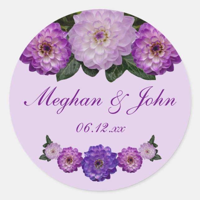 Dahlia Purple Lavender Lilac Floral Wedding Classic Round Sticker (Front)