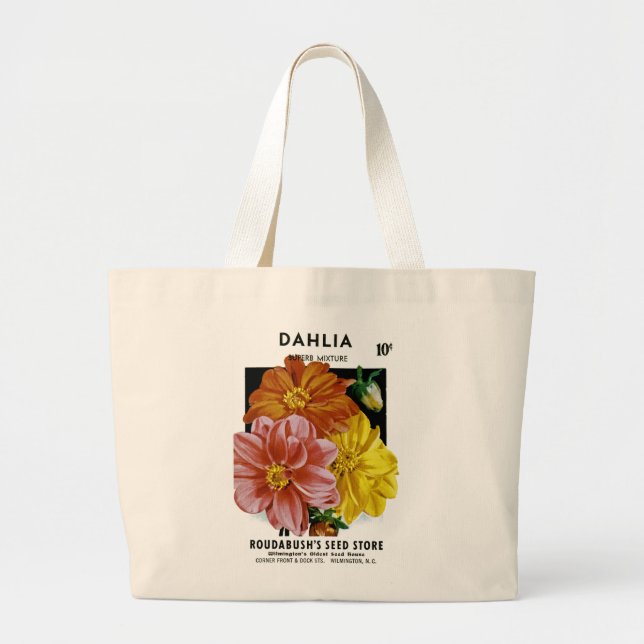 Dahlia Vintage Seed Packet Large Tote Bag (Front)