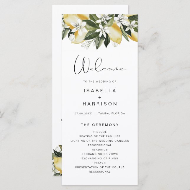 DAHLIA Watercolor Lemon Floral Lon Wedding Program Menu (Front/Back)